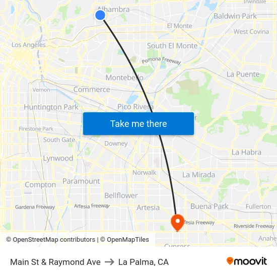 Main St & Raymond Ave to La Palma, CA map
