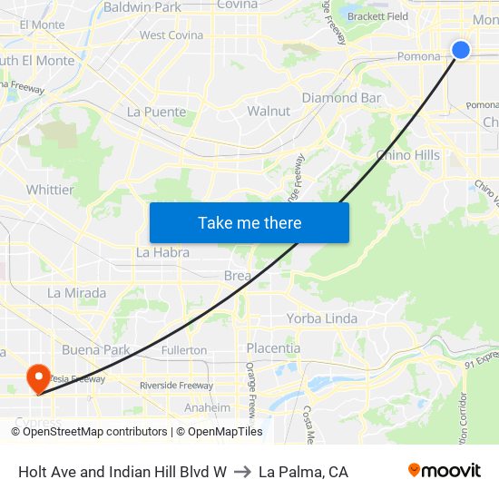 Holt Ave and Indian Hill Blvd W to La Palma, CA map