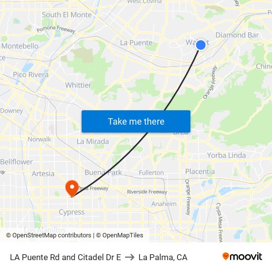 LA Puente Rd and Citadel Dr E to La Palma, CA map