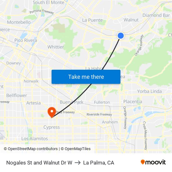 Nogales St and Walnut Dr W to La Palma, CA map