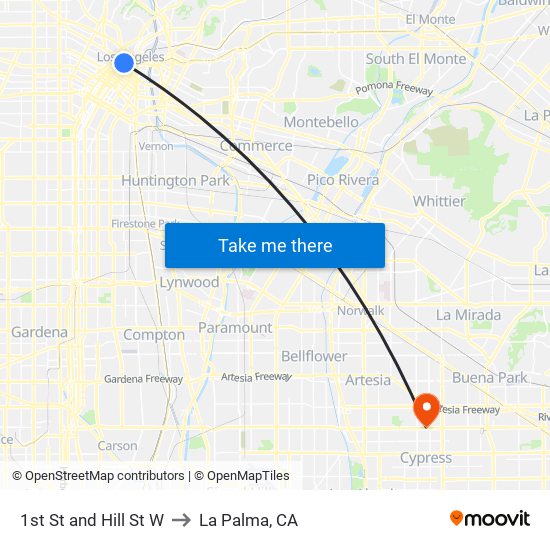 1st St and Hill St W to La Palma, CA map