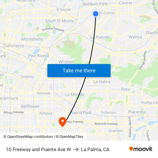 10 Freeway and Puente Ave W to La Palma, CA map