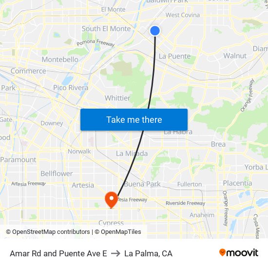 Amar Rd and Puente Ave E to La Palma, CA map
