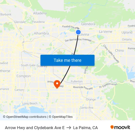 Arrow Hwy and Clydebank Ave E to La Palma, CA map
