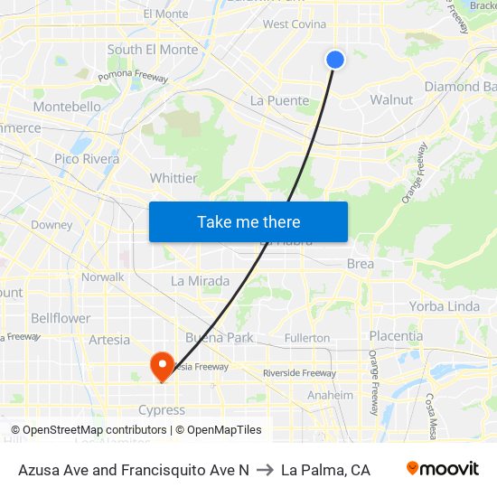 Azusa Ave and Francisquito Ave N to La Palma, CA map