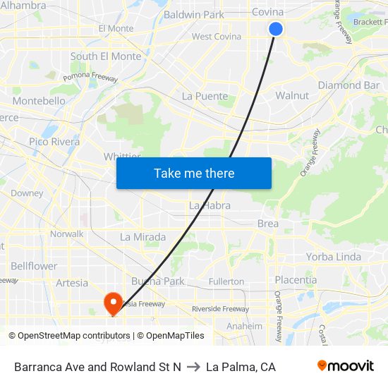 Barranca Ave and Rowland St N to La Palma, CA map