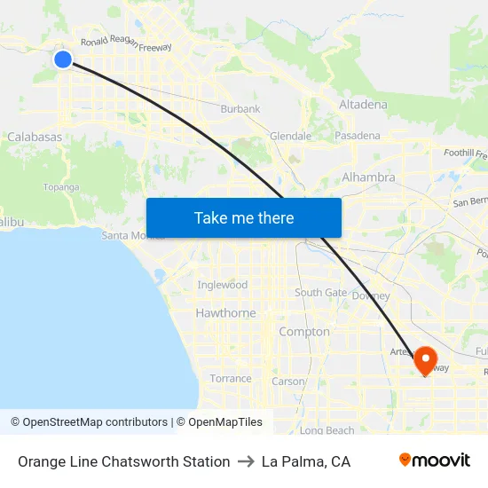 Orange Line Chatsworth Station to La Palma, CA map