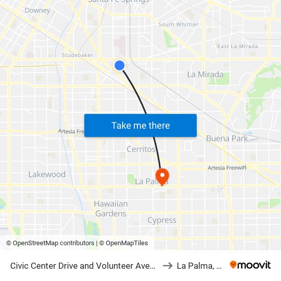 Civic Center Drive and Volunteer Avenue to La Palma, CA map