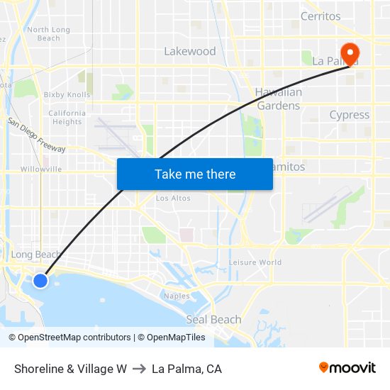 Shoreline & Village W to La Palma, CA map