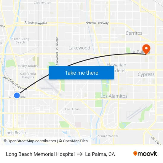 Long Beach Memorial Hospital to La Palma, CA map