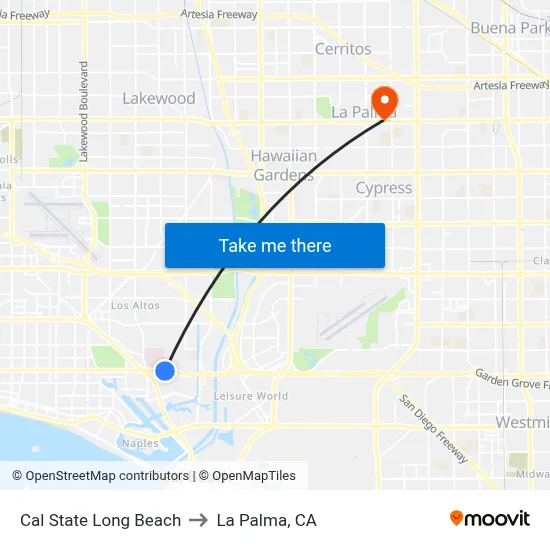 Cal State Long Beach to La Palma, CA map