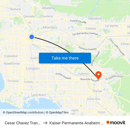 Cesar Chavez Transit Pavilion to Kaiser Permanente Anaheim - Infusion Clinic map