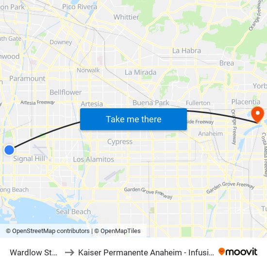 Wardlow Station to Kaiser Permanente Anaheim - Infusion Clinic map