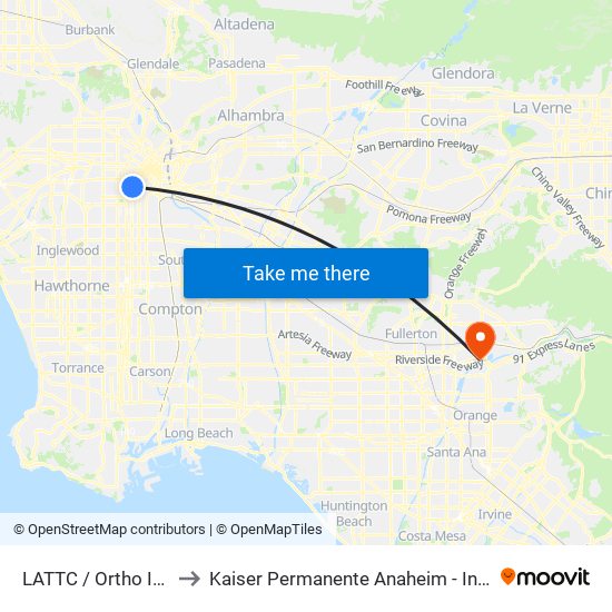 LATTC / Ortho Institute to Kaiser Permanente Anaheim - Infusion Clinic map