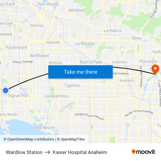 Wardlow Station to Kaiser Hospital Anaheim map