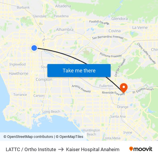 LATTC / Ortho Institute to Kaiser Hospital Anaheim map