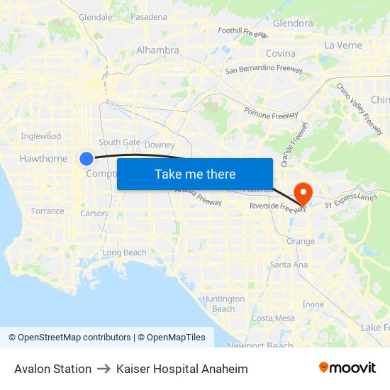 Avalon Station to Kaiser Hospital Anaheim map