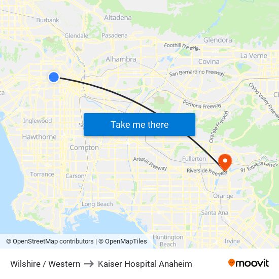 Wilshire / Western to Kaiser Hospital Anaheim map