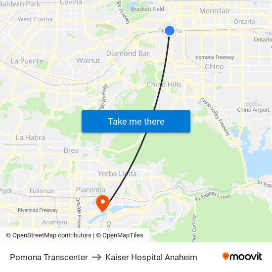 Pomona Transcenter to Kaiser Hospital Anaheim map