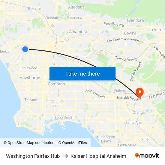 Washington Fairfax Hub to Kaiser Hospital Anaheim map