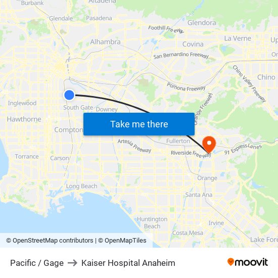 Pacific / Gage to Kaiser Hospital Anaheim map