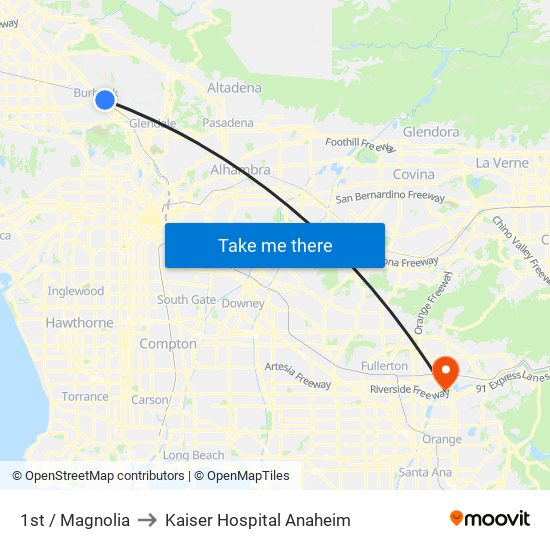 1st / Magnolia to Kaiser Hospital Anaheim map