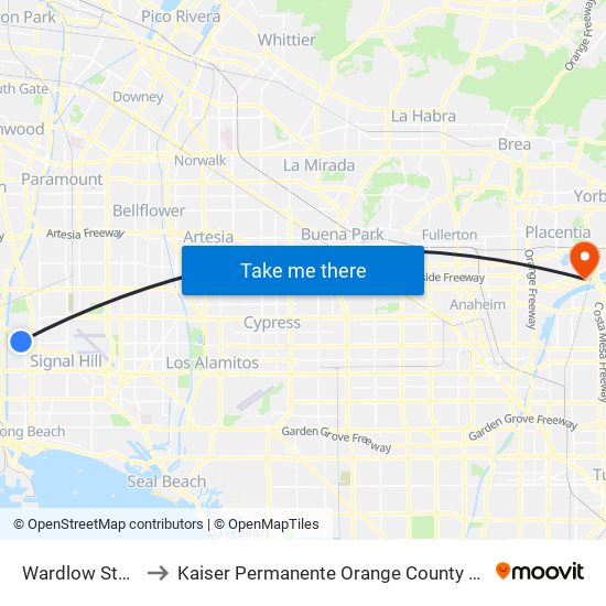 Wardlow Station to Kaiser Permanente Orange County Anaheim map