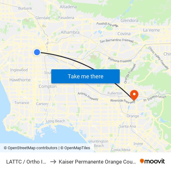 LATTC / Ortho Institute to Kaiser Permanente Orange County Anaheim map