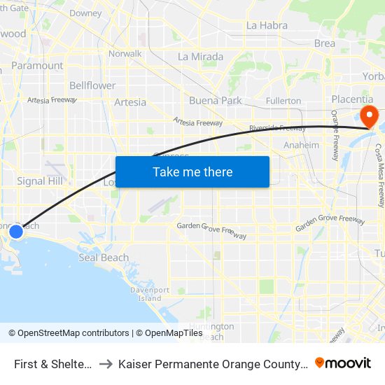 First & Shelter C N to Kaiser Permanente Orange County Anaheim map
