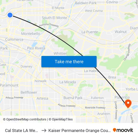 Cal State LA Westbound to Kaiser Permanente Orange County Anaheim map