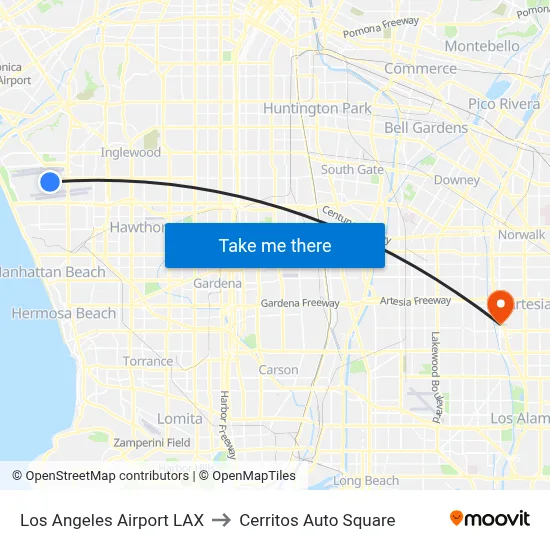 Los Angeles Airport LAX to Cerritos Auto Square map