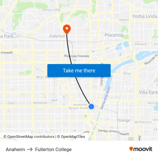 Anaheim to Fullerton College map