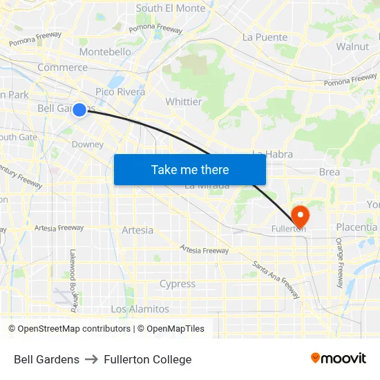 Bell Gardens to Fullerton College map