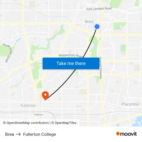 Brea to Fullerton College map