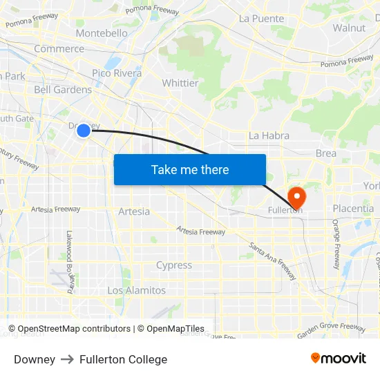 Downey to Fullerton College map