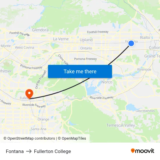 Fontana to Fullerton College map