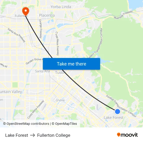 Lake Forest to Fullerton College map