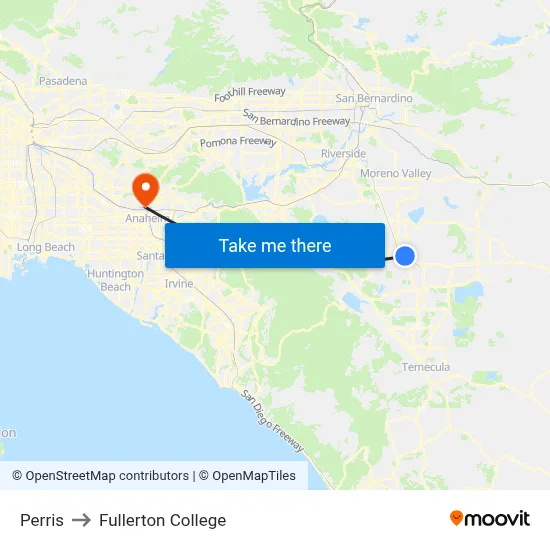 Perris to Fullerton College map