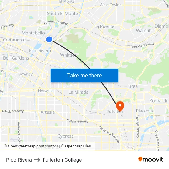 Pico Rivera to Fullerton College map