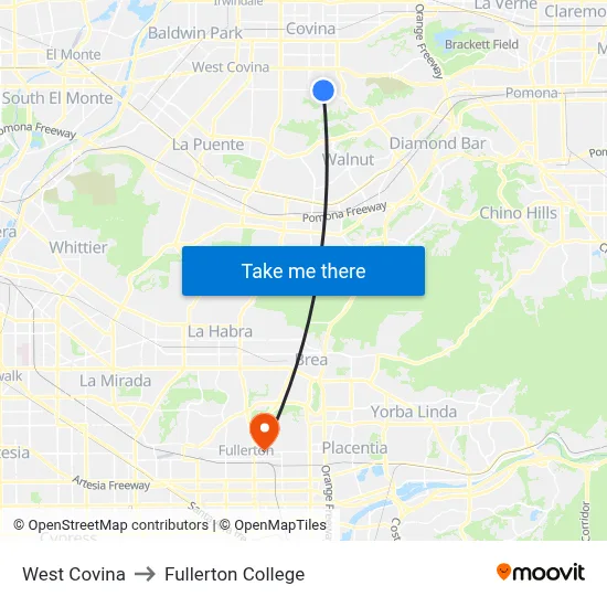 West Covina to Fullerton College map