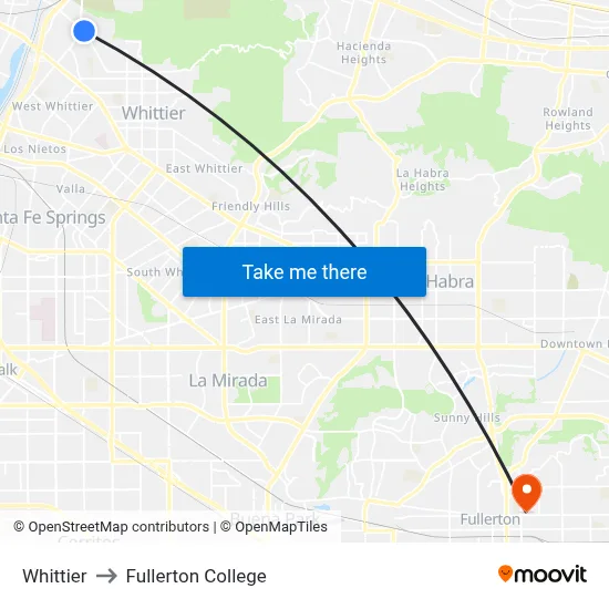 Whittier to Fullerton College map