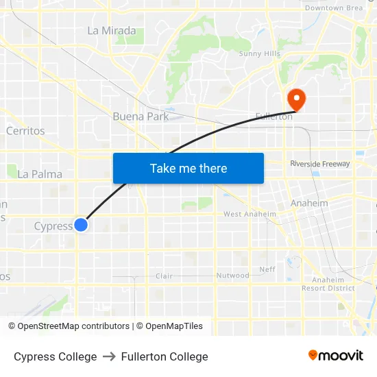 Cypress College to Fullerton College map