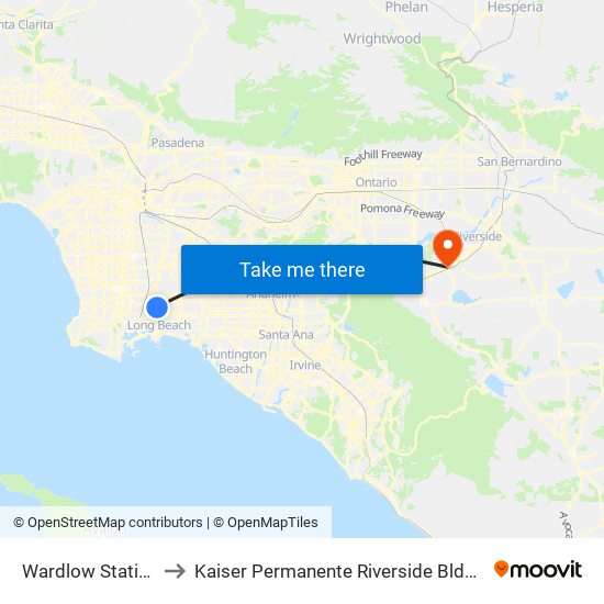 Wardlow Station to Kaiser Permanente Riverside Bldg 3 map