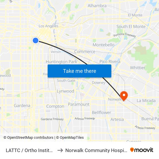 LATTC / Ortho Institute to Norwalk Community Hospital map