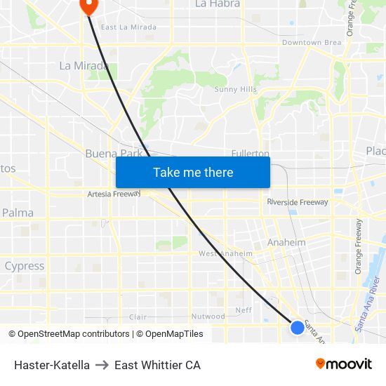 Haster-Katella to East Whittier CA map