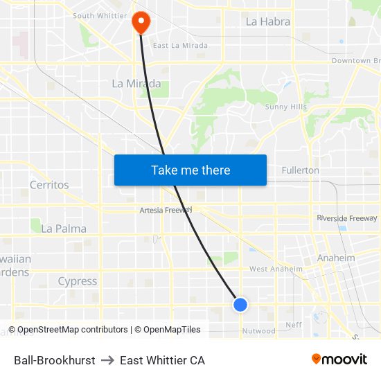 Ball-Brookhurst to East Whittier CA map