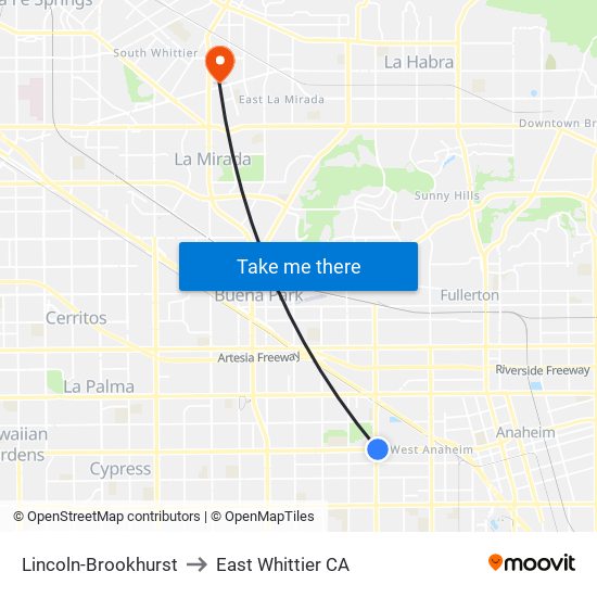 Lincoln-Brookhurst to East Whittier CA map