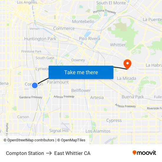 Compton Station to East Whittier CA map