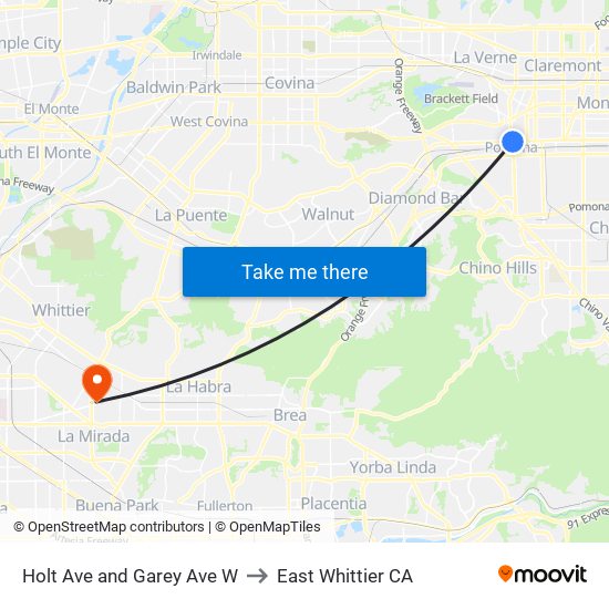 Holt Ave and Garey Ave W to East Whittier CA map