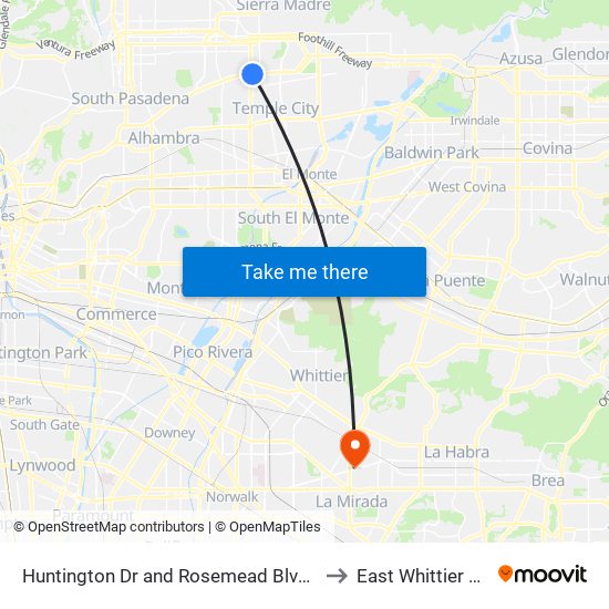 Huntington Dr and Rosemead Blvd E to East Whittier CA map